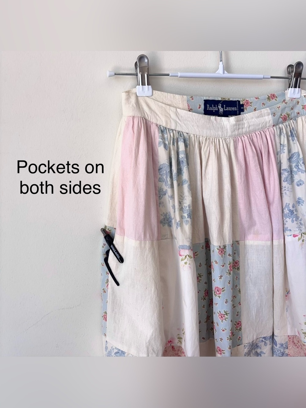 Vintage 80s Ralph Lauren Patchwork Quilt Skirt Size 8 Floral Pastel Blue Label - Picture 4 of 15